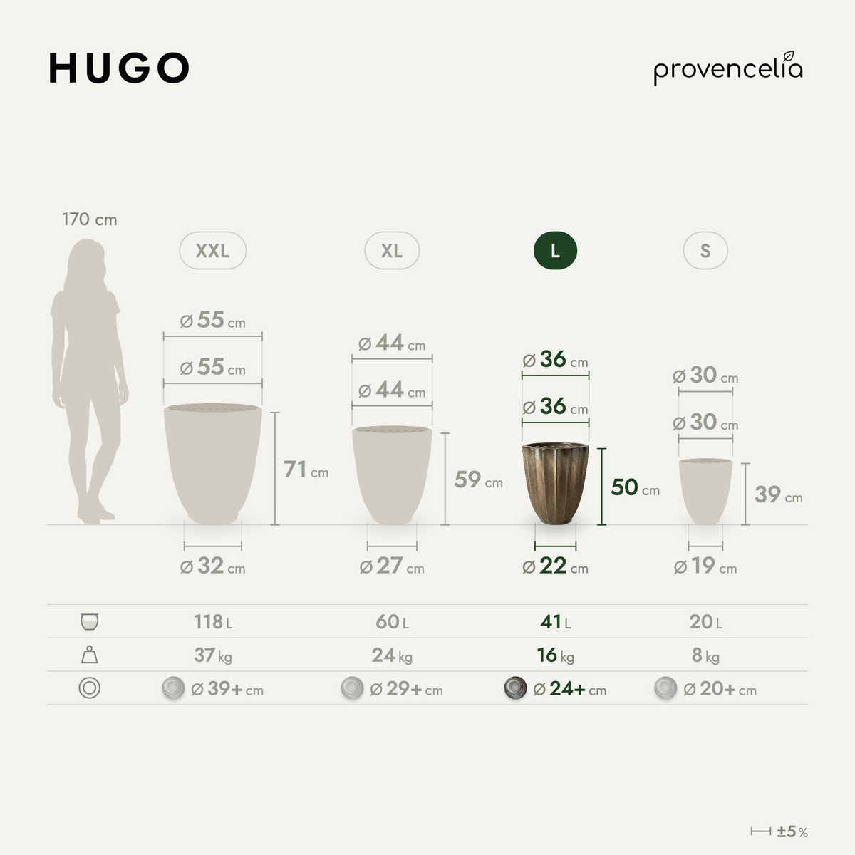 Vaso HUGO decorativo 36x50 cm Bronzo sabbiato in ceramica smaltata, schema delle taglie con formato L