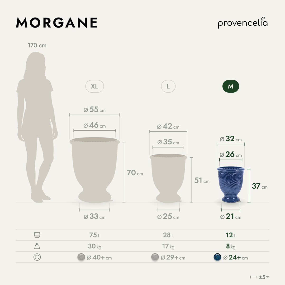Pot MORGANE avec pied 32x39 cm bleu azur en terre cuite émaillée, schéma des dimensions