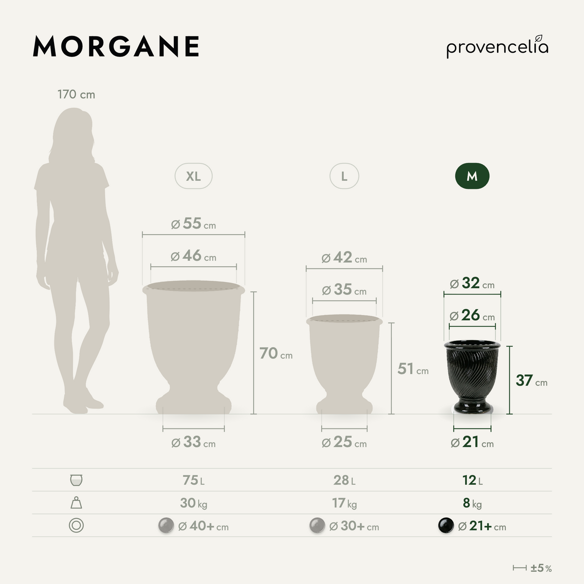 Vaso MORGANE con piede 32x39 cm nero in ceramica smaltata, schema delle dimensioni e delle taglie