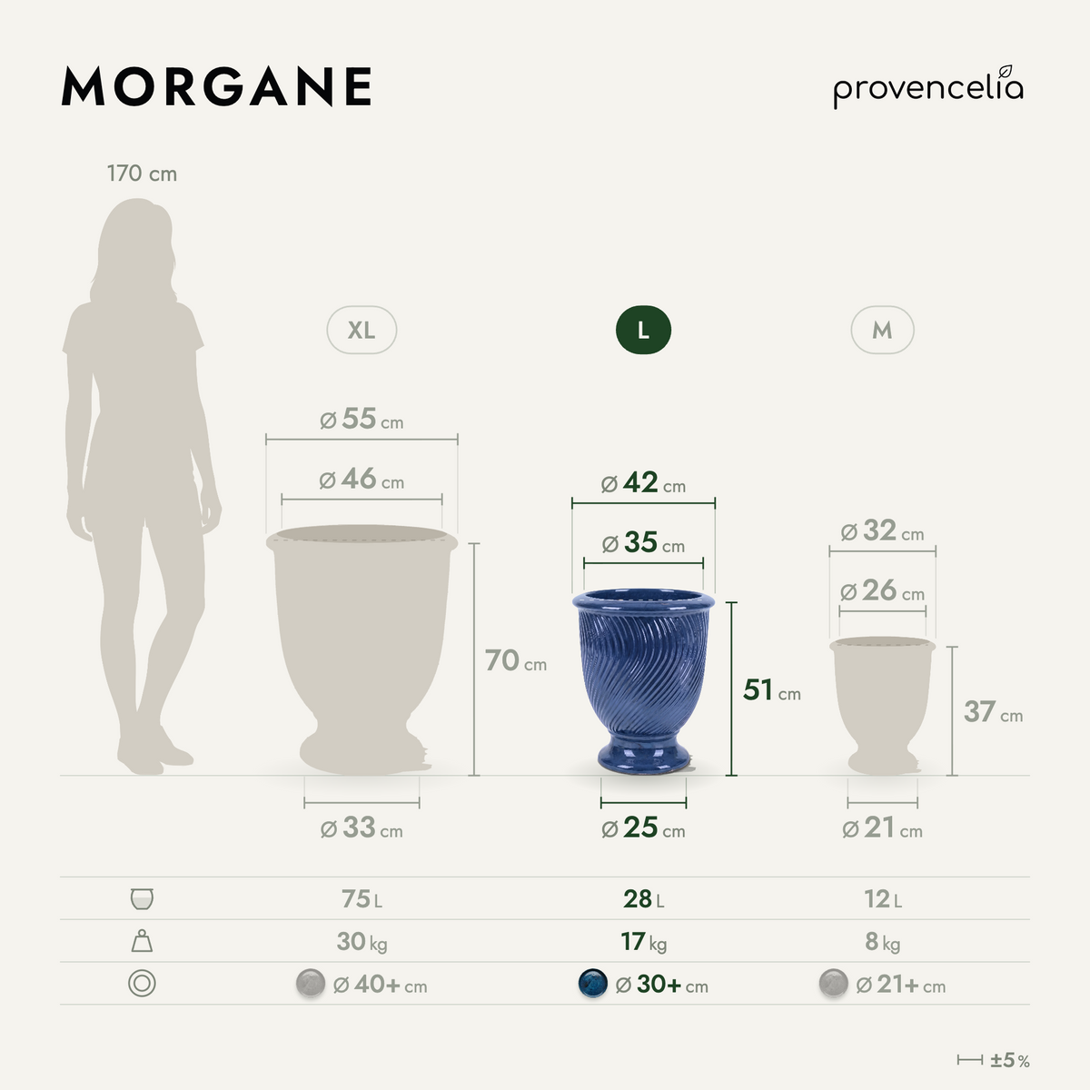 Plantenbak MORGANE met voet 42x52 cm Azuurblauw van geglazuurd keramiek, vooraanzicht met afmetingen