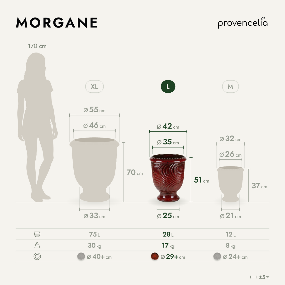 Pot MORGANE avec pied 42x52 cm rouge brique en terre cuite émaillée, schéma des dimensions du pot