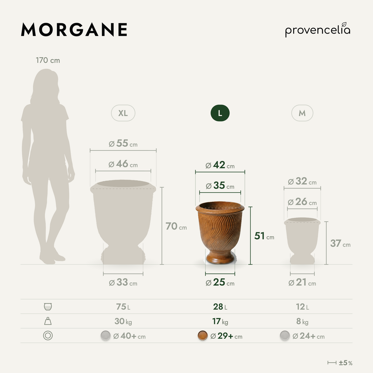 Pot MORGANE avec pied 42x52 cm iron finished en terre cuite émaillée, schéma des dimensions taille L
