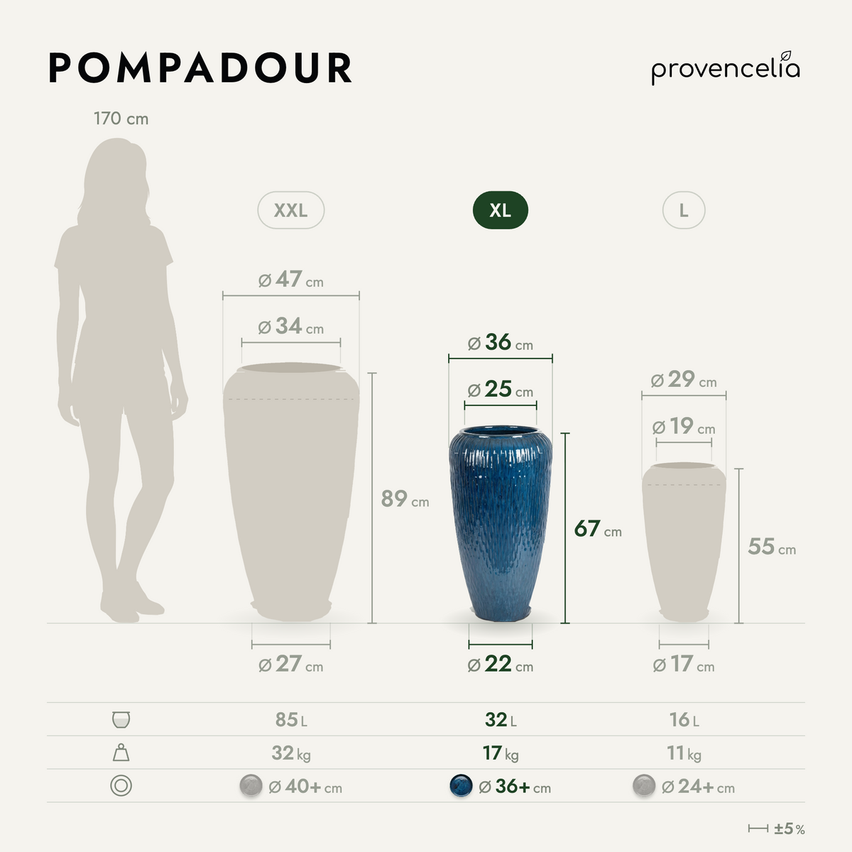 Pot POMPADOUR en forme d’amphore 36x69 cm bleu azur en terre cuite émaillée, vue de face avec dimensions