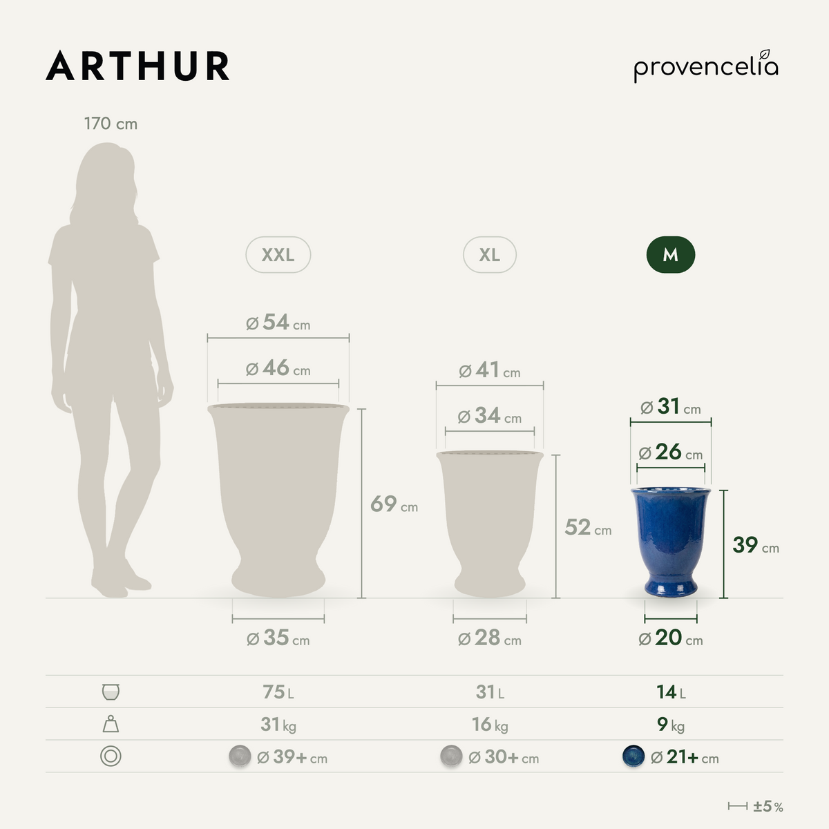 ARTHUR planter with stand 32x39 cm in Ultramarine Blue glazed ceramic, planter dimension diagram