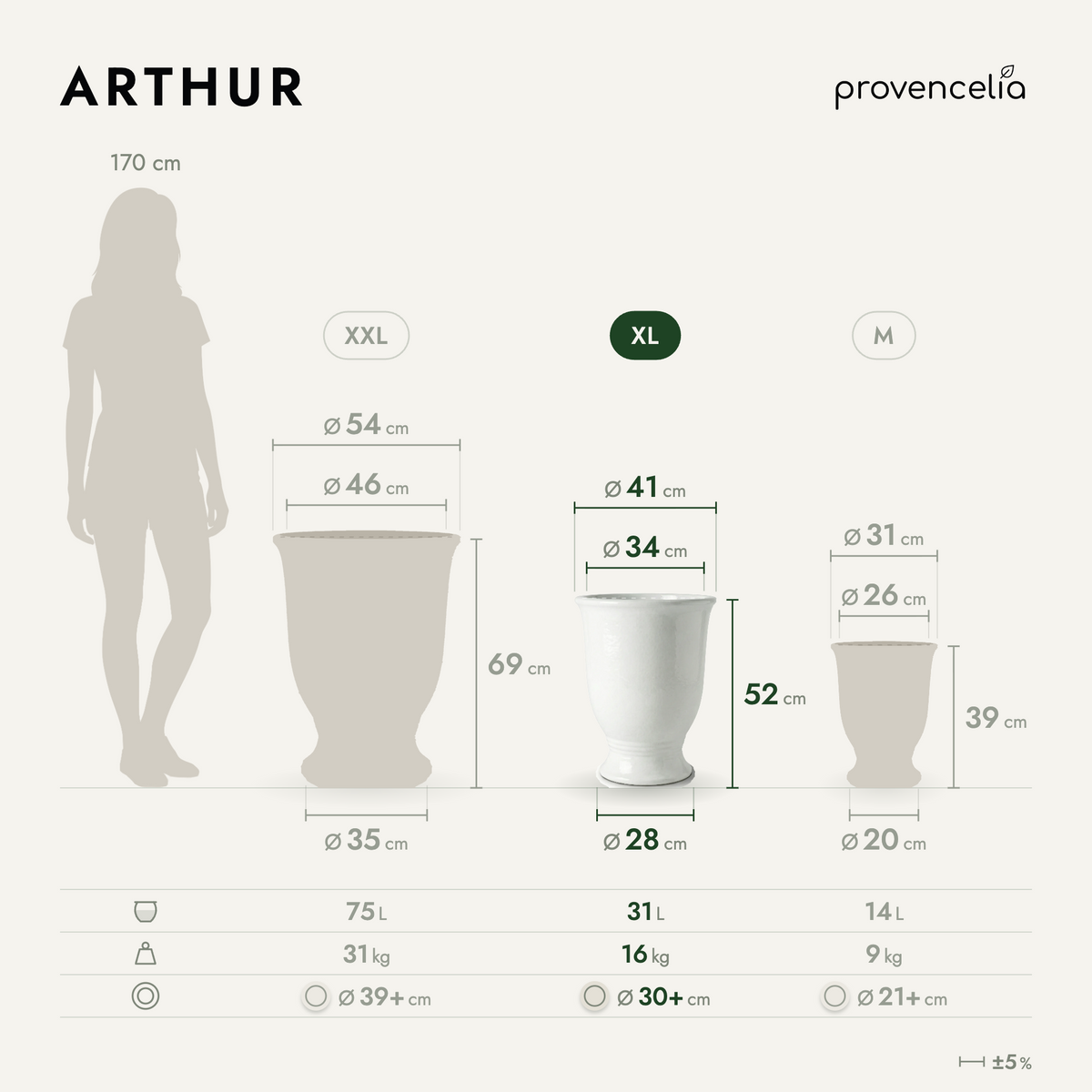 ARTHUR planter with base 42x52 cm White glazed ceramic, dimensions diagram