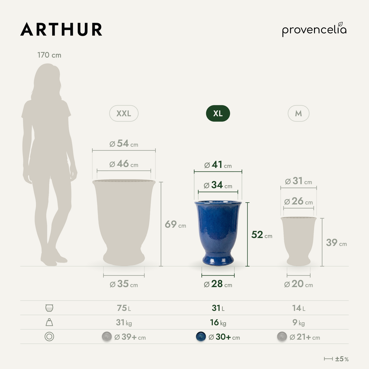 ARTHUR planter with base 42x52 cm Ultramarine Blue glazed ceramic, diagram of the three sizes