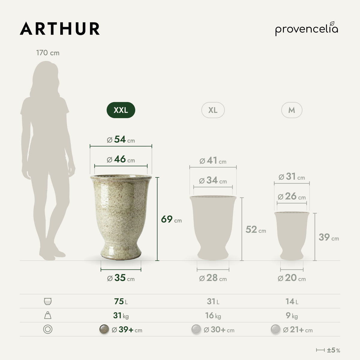 ARTHUR planter with base 55x69 cm Tiger-striped White glazed ceramic, dimensions and capacities diagram