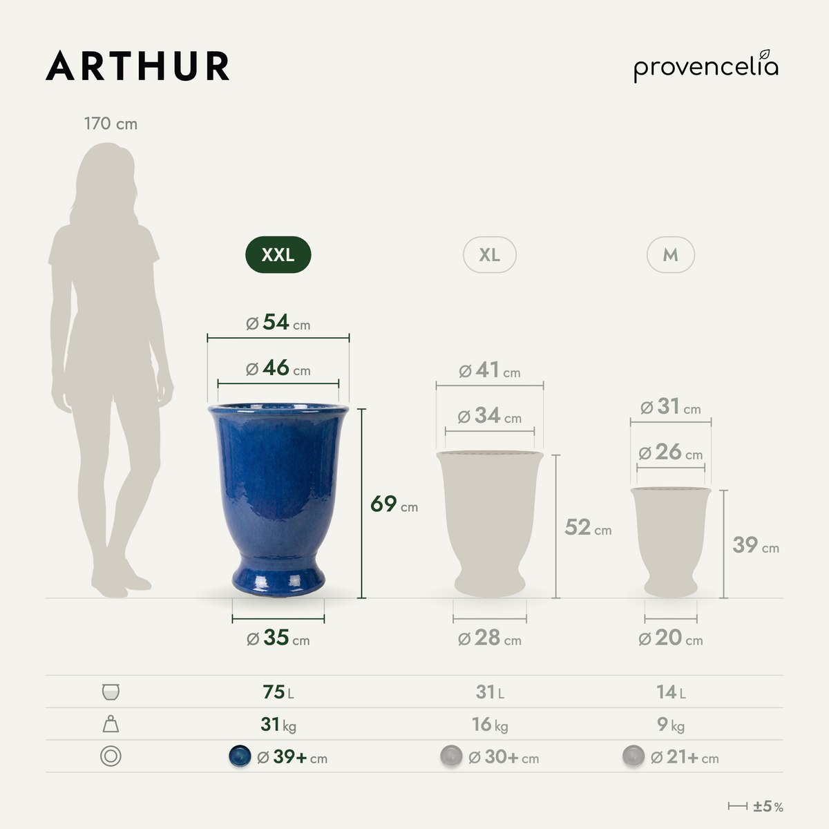 ARTHUR planter with base 55x69 cm Ultramarine Blue glazed ceramic, front view with dimensions