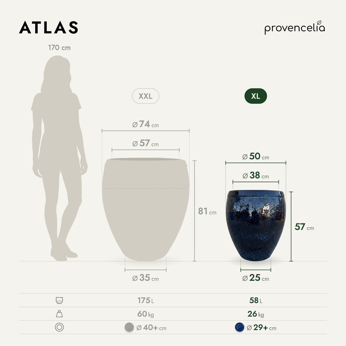 Pot ATLAS décoratif 52x58 cm bleu nuit en terre cuite émaillée, schéma des dimensions