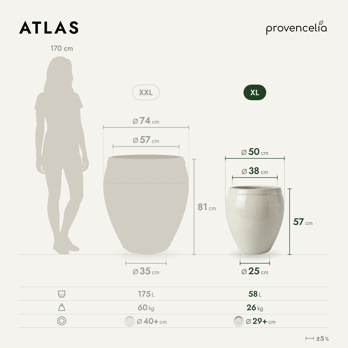 Pot ATLAS décoratif 52x58 cm crème en terre cuite émaillée, vue avec schéma des dimensions