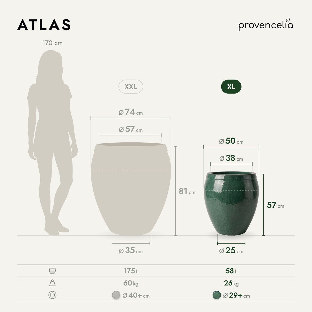 Pot ATLAS décoratif 52x58 cm jade en terre cuite émaillée, schéma de dimensions et capacité