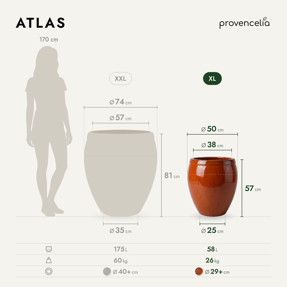 Pot ATLAS décoratif 52x58 cm orange tropical en terre cuite émaillée, vue comparative avec dimensions