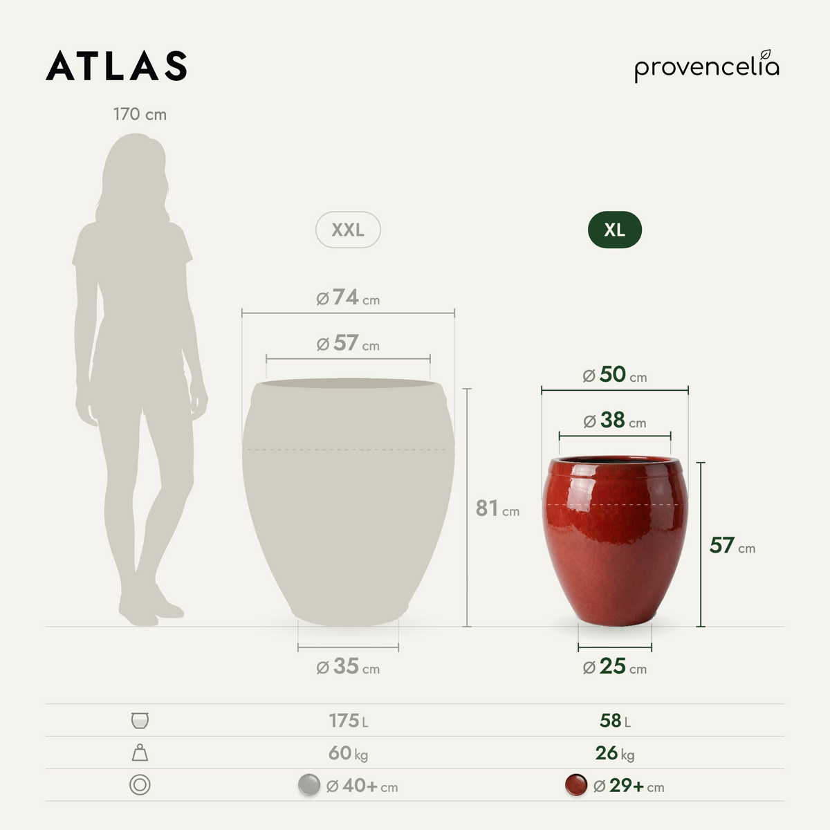 Pot ATLAS décoratif 52x58 cm rouge tropical en terre cuite émaillée, comparatif de dimensions et capacités