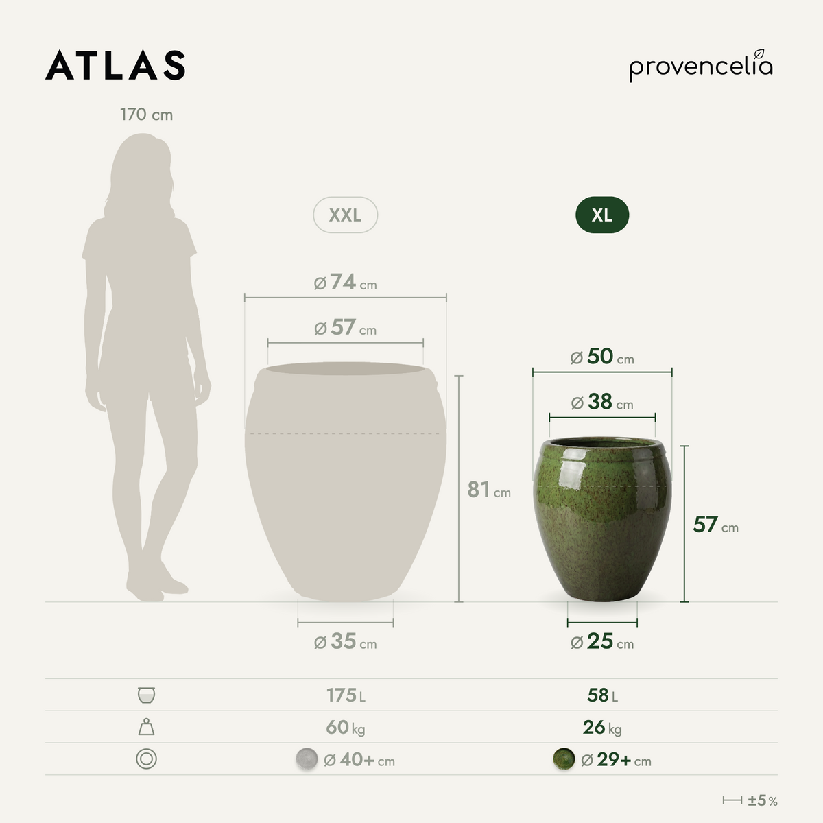 Pot ATLAS décoratif 52x58 cm vert tropical en terre cuite émaillée, vue avec dimensions comparées
