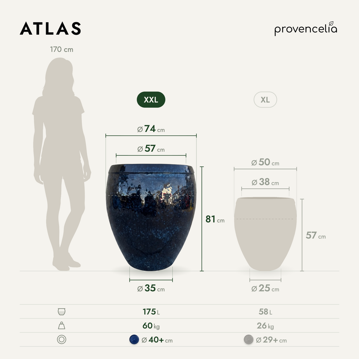 Pot ATLAS décoratif 75x78 cm bleu nuit en terre cuite émaillée, schéma des dimensions et capacités