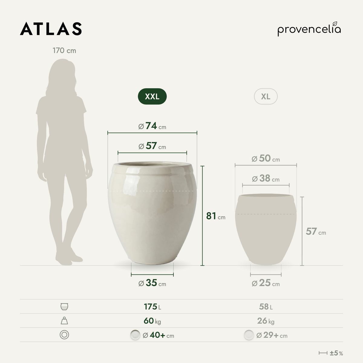 Pot ATLAS décoratif 75x78 cm crème en terre cuite émaillée, vue comparative des dimensions