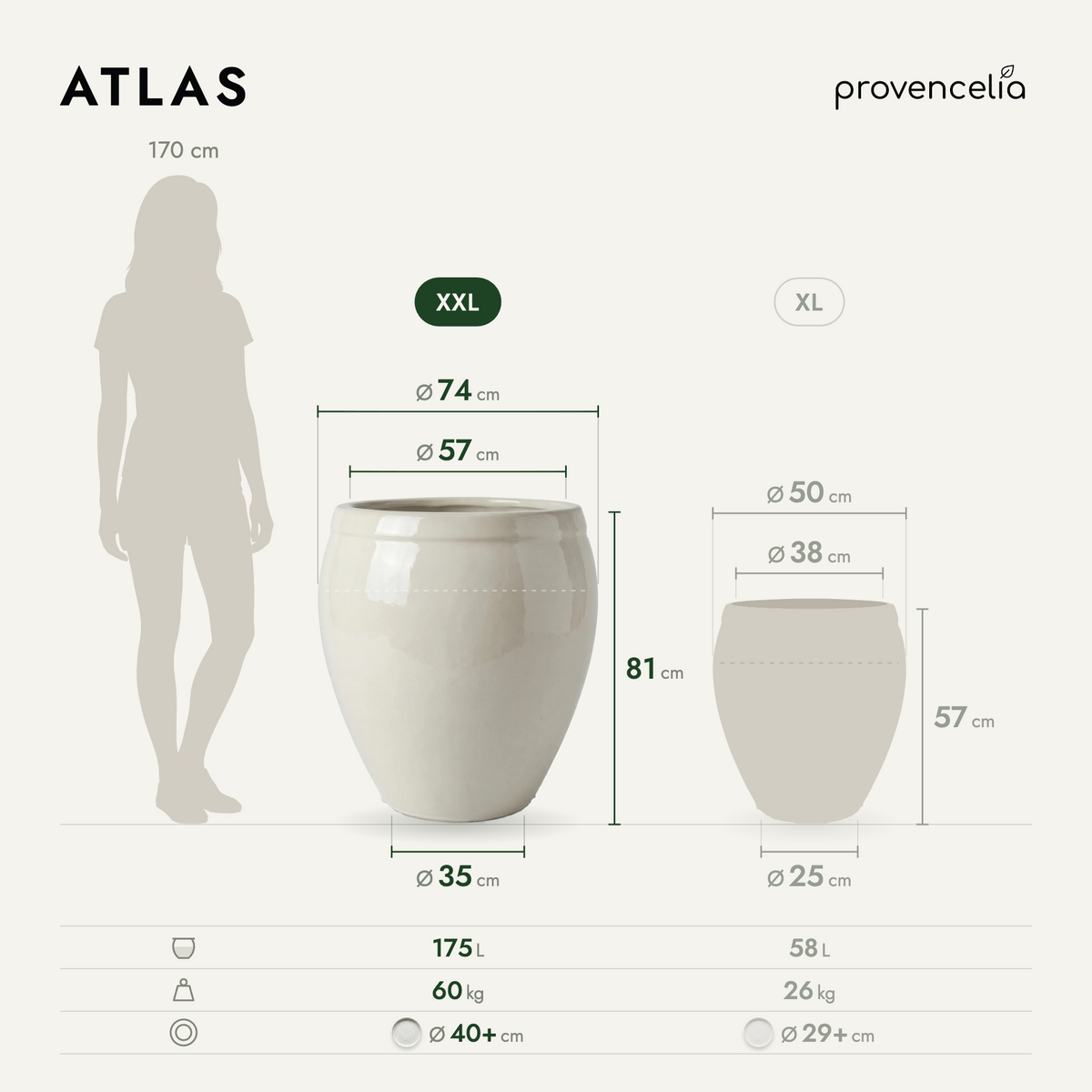 Pot ATLAS décoratif 75x78 cm crème en terre cuite émaillée, vue avec schéma des dimensions