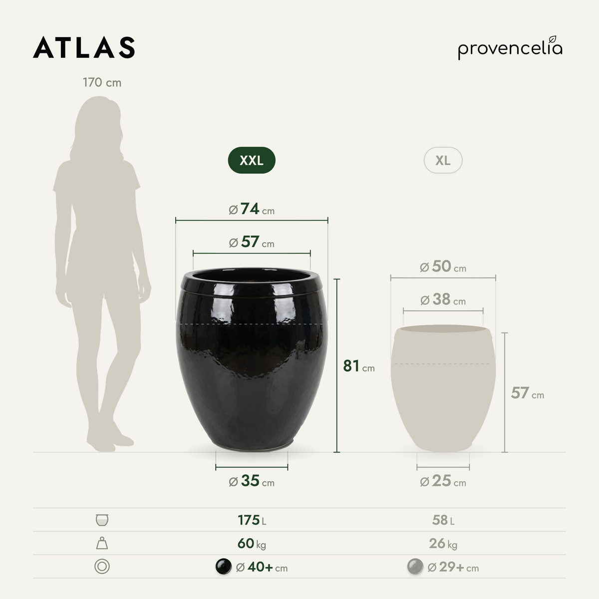 Pot ATLAS décoratif 75x78 cm noir en terre cuite émaillée, vue de face avec dimensions