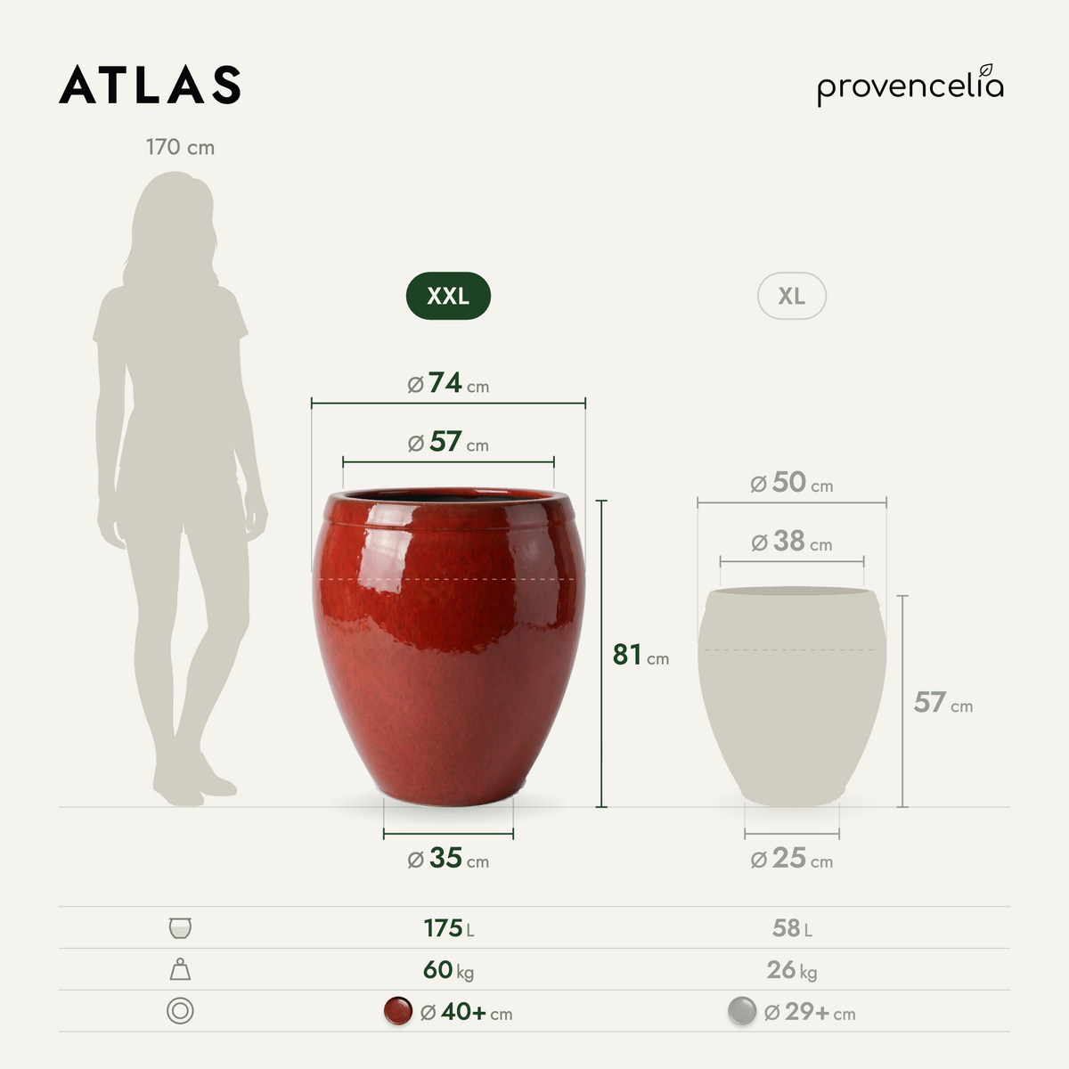 Pot ATLAS décoratif 75x78 cm rouge tropical en terre cuite émaillée, schéma des dimensions du pot