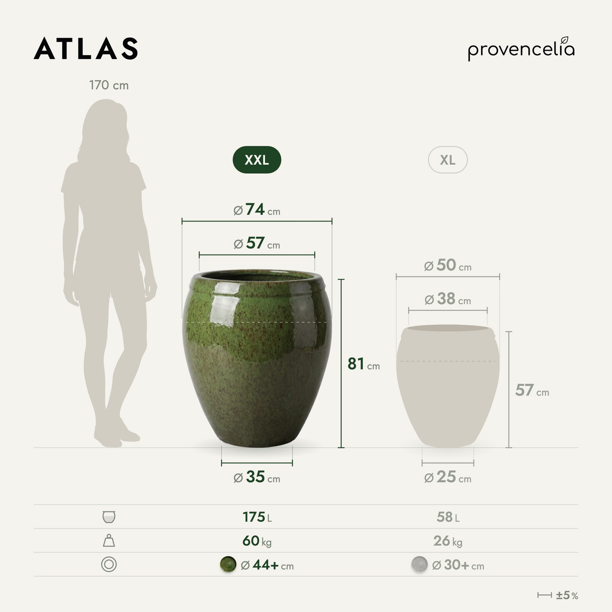 Decoratieve plantenbak ATLAS 75 × 78 cm Tropisch groen van geglazuurd keramiek, afmetingsschema