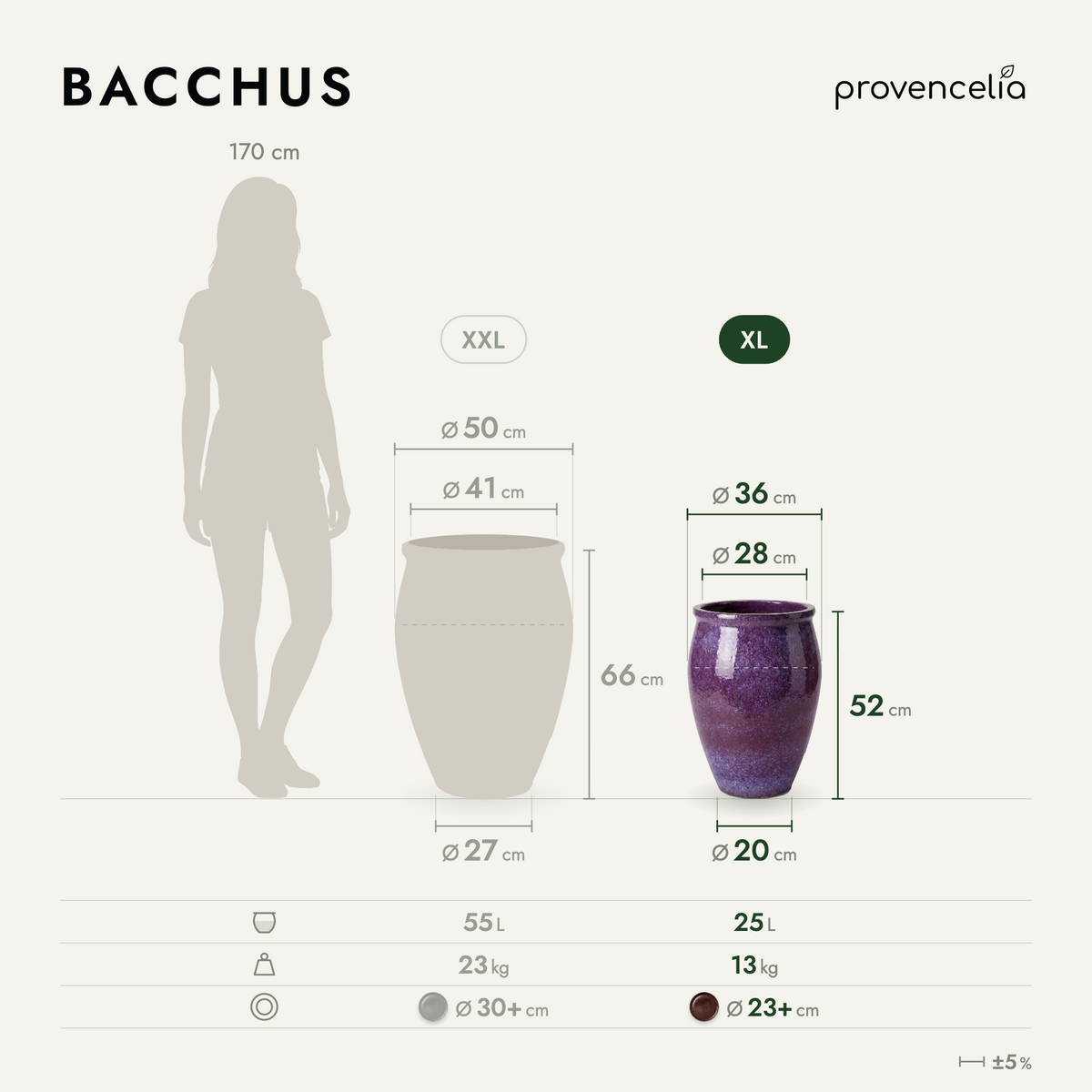 Pot BACCHUS en forme d’amphore 36x52 cm violet clair en terre cuite émaillée, vue de face avec dimensions