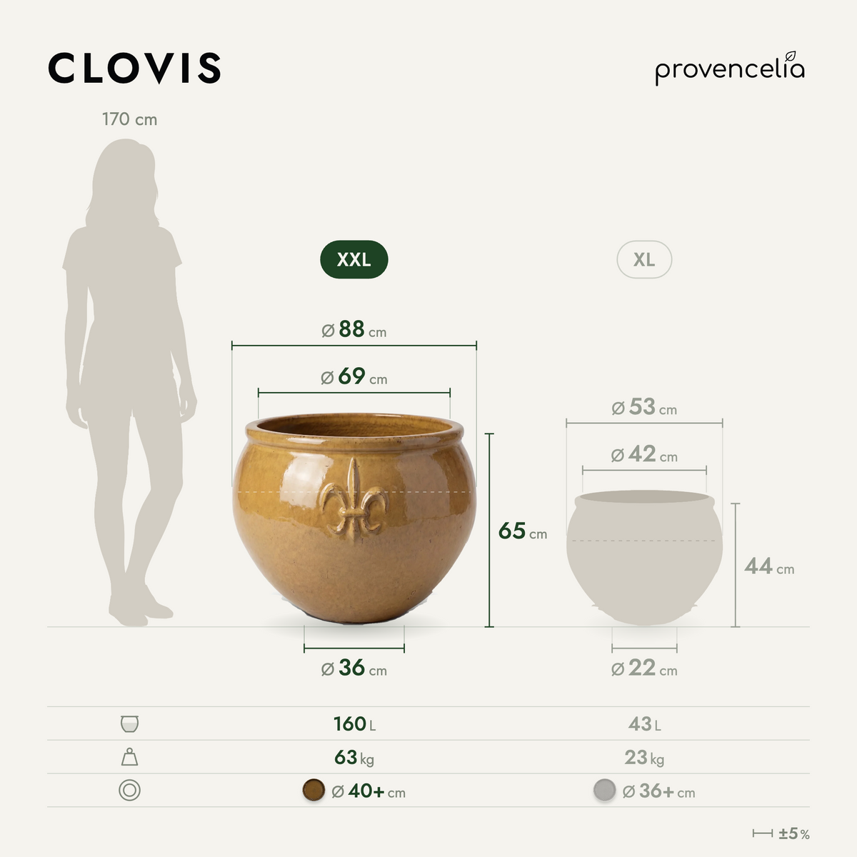 Pot CLOVIS 86x64 cm miel ambré en terre cuite émaillée, schéma des dimensions