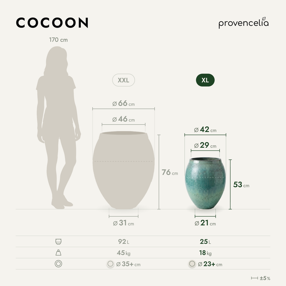 Planter COCOON 42 × 53 cm Ocean Blue glazed ceramic, front view with dimensions