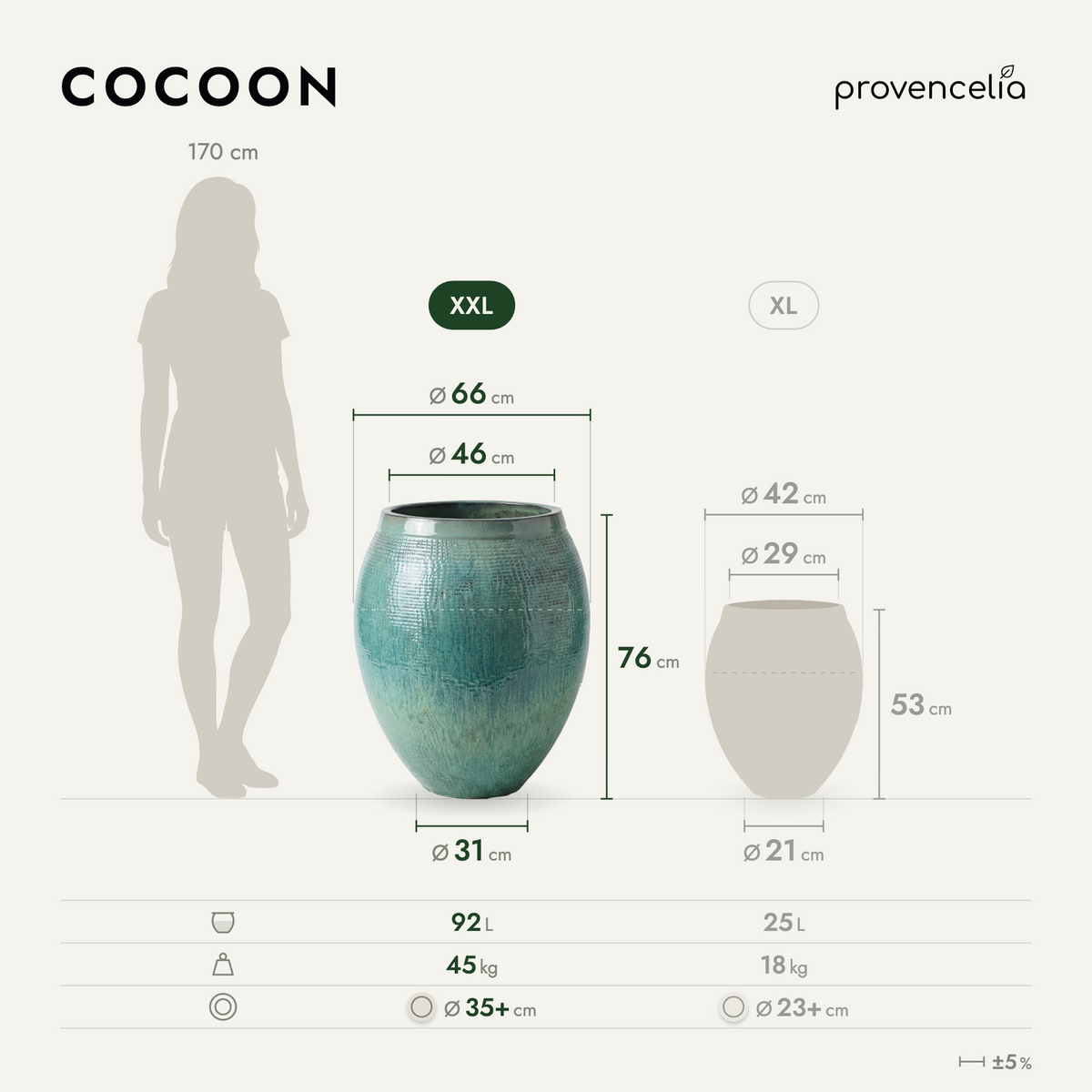 Pot COCOON 66x76 cm bleu océan en terre cuite émaillée, vue de face avec dimensions
