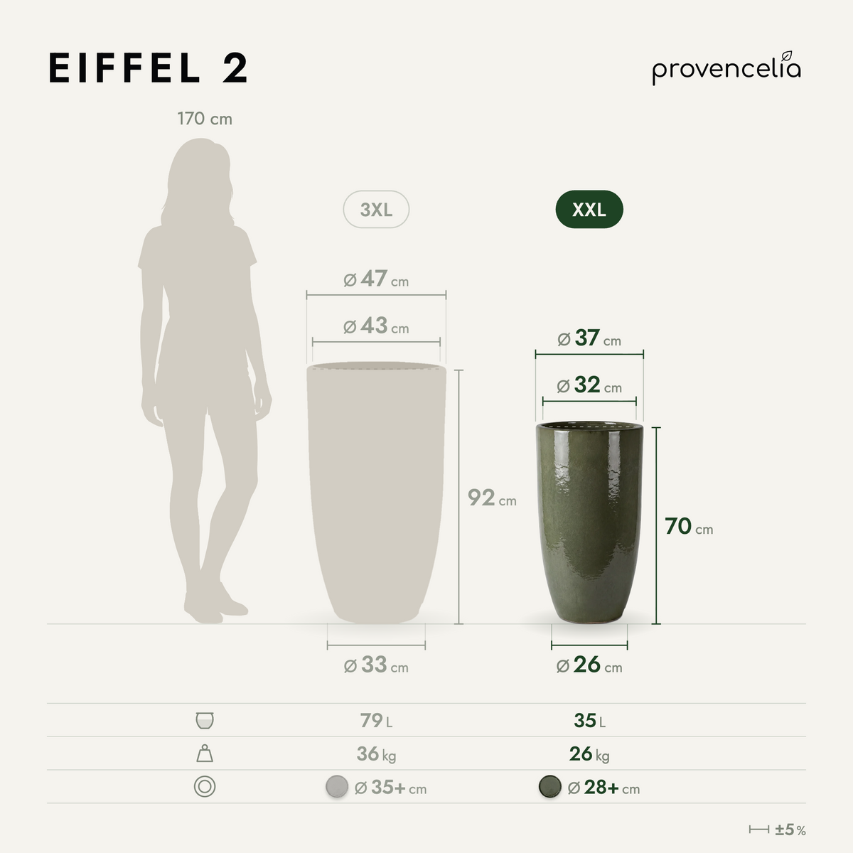 Vaso EIFFEL 37x70 cm Verde crema in ceramica smaltata, schema comparativo delle dimensioni