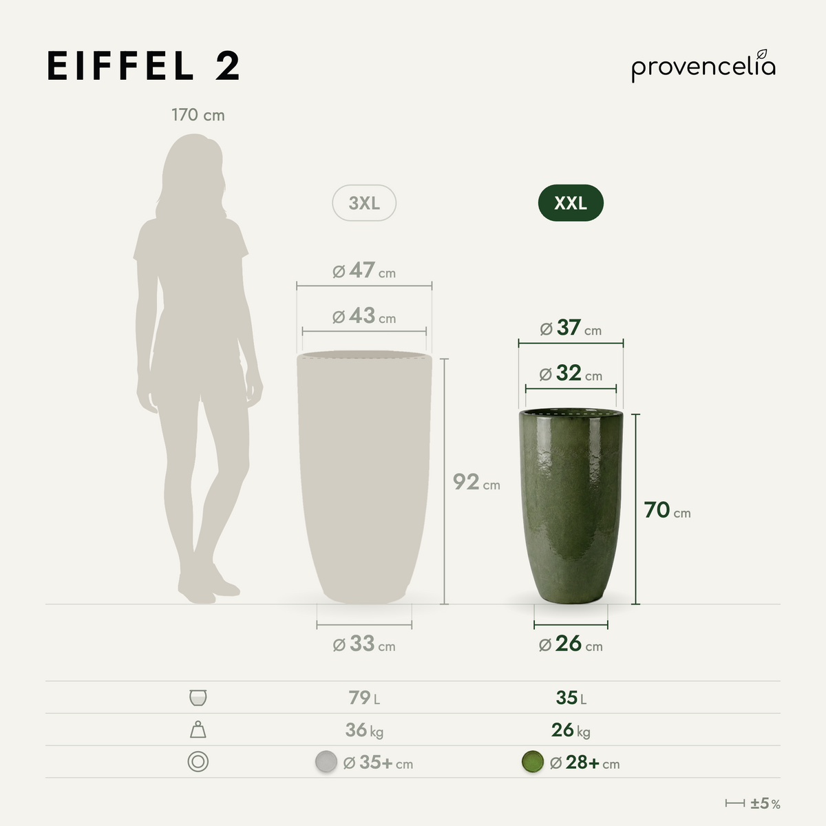 Planter EIFFEL 37 × 70 cm Deep green glazed ceramic, dimensions diagram