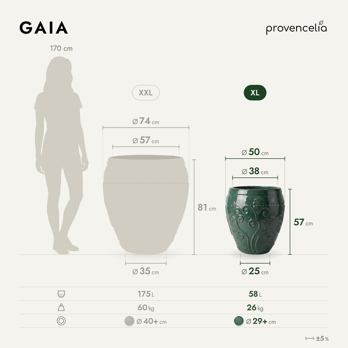 Pot GAIA 52x58 cm jade en terre cuite émaillée, vue de face avec schéma des dimensions