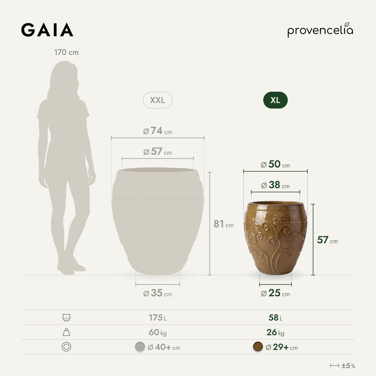 Pot GAIA 52x58 cm miel ambré en terre cuite émaillée, schéma des dimensions du pot