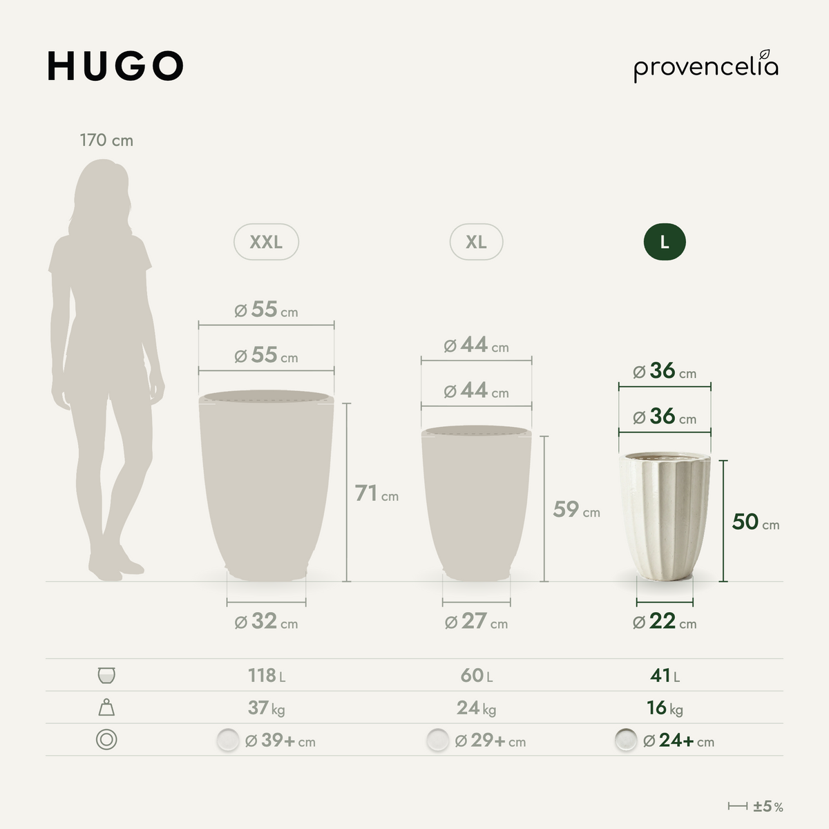 Vaso HUGO decorativo 36x50 cm Crema in ceramica smaltata, schema delle tre dimensioni