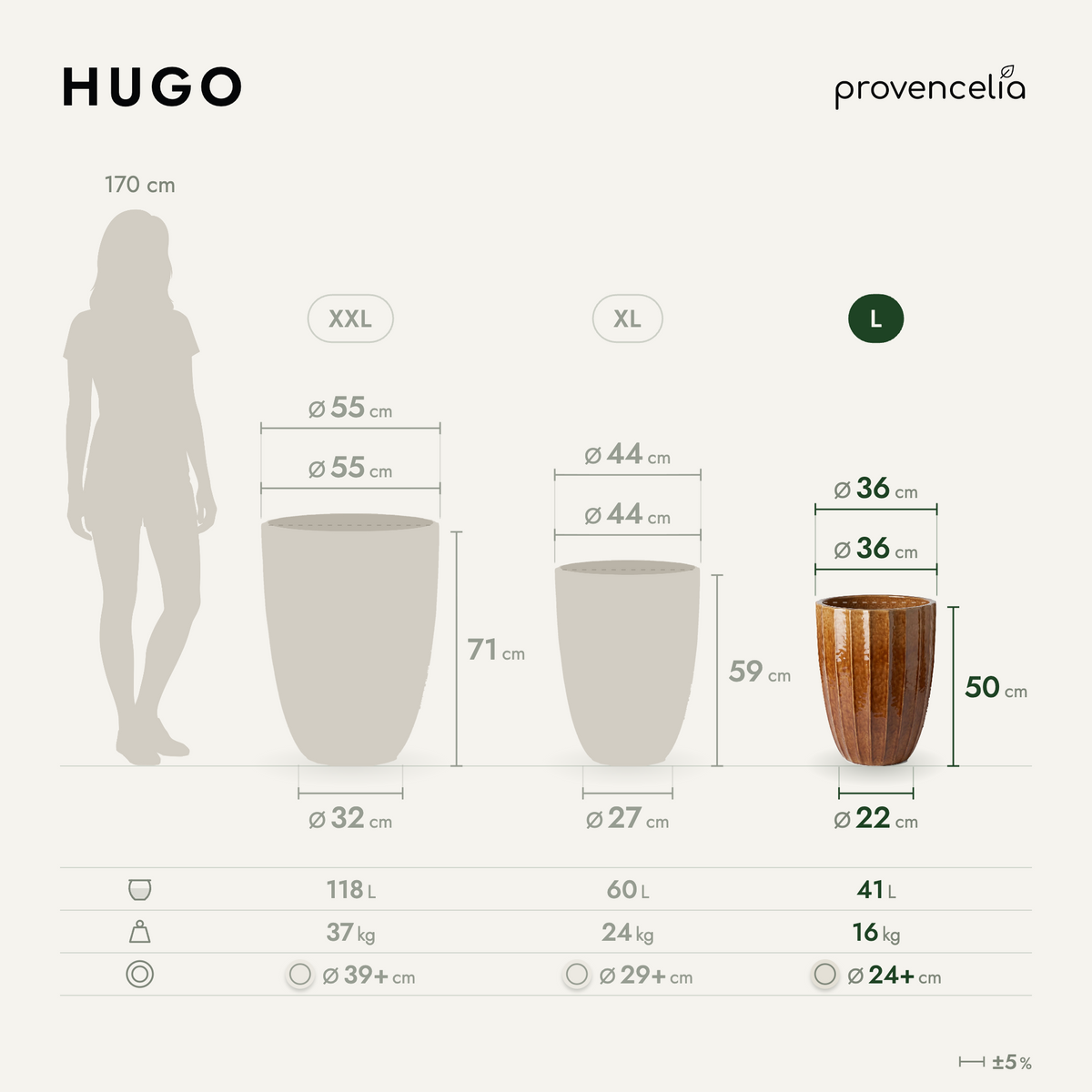 Decorative HUGO planter 36x50 cm Bark in glazed ceramic, front view with dimensions