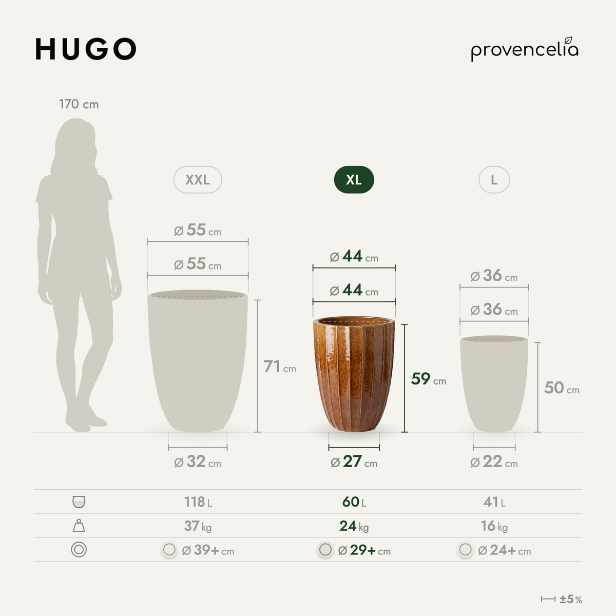 Vaso HUGO decorativo 44x59 cm Corteccia in ceramica smaltata, schema delle dimensioni e capacità