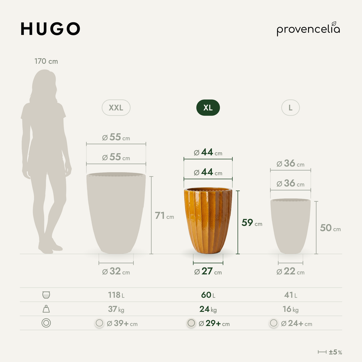 Vaso HUGO decorativo 44x59 cm Miele in ceramica smaltata, schema delle dimensioni