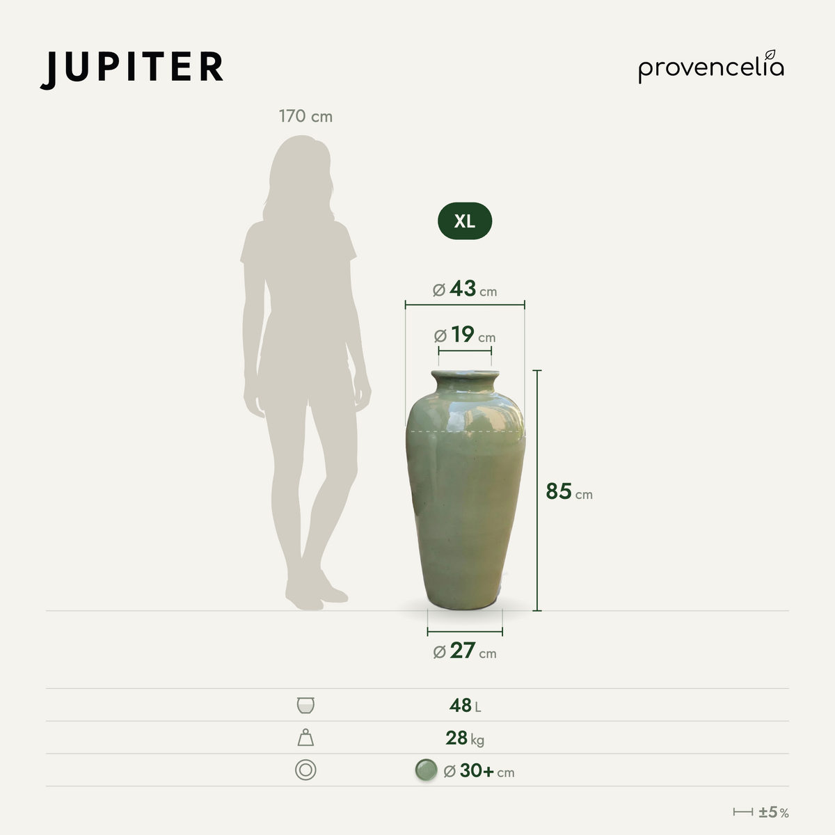 Amphora-shaped planter JUPITER 40 × 83 cm Jade Pearl in glazed ceramic, front view with dimensions