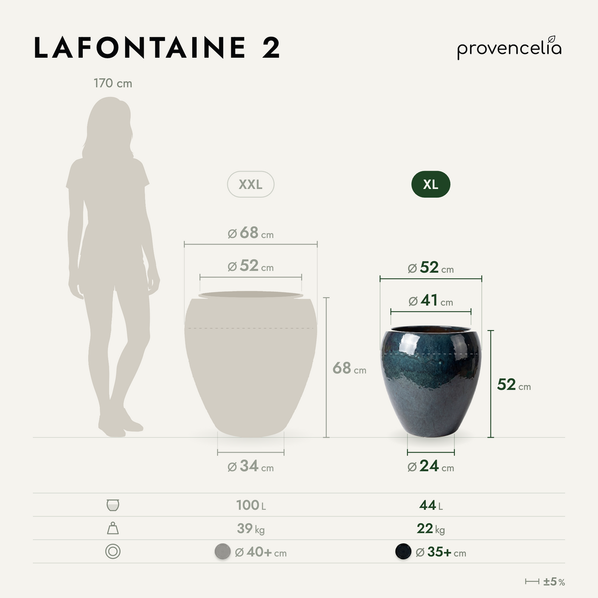 Amphora-shaped planter LAFONTAINE2 50 × 52 cm Sapphire in glazed ceramic, front view with dimensions