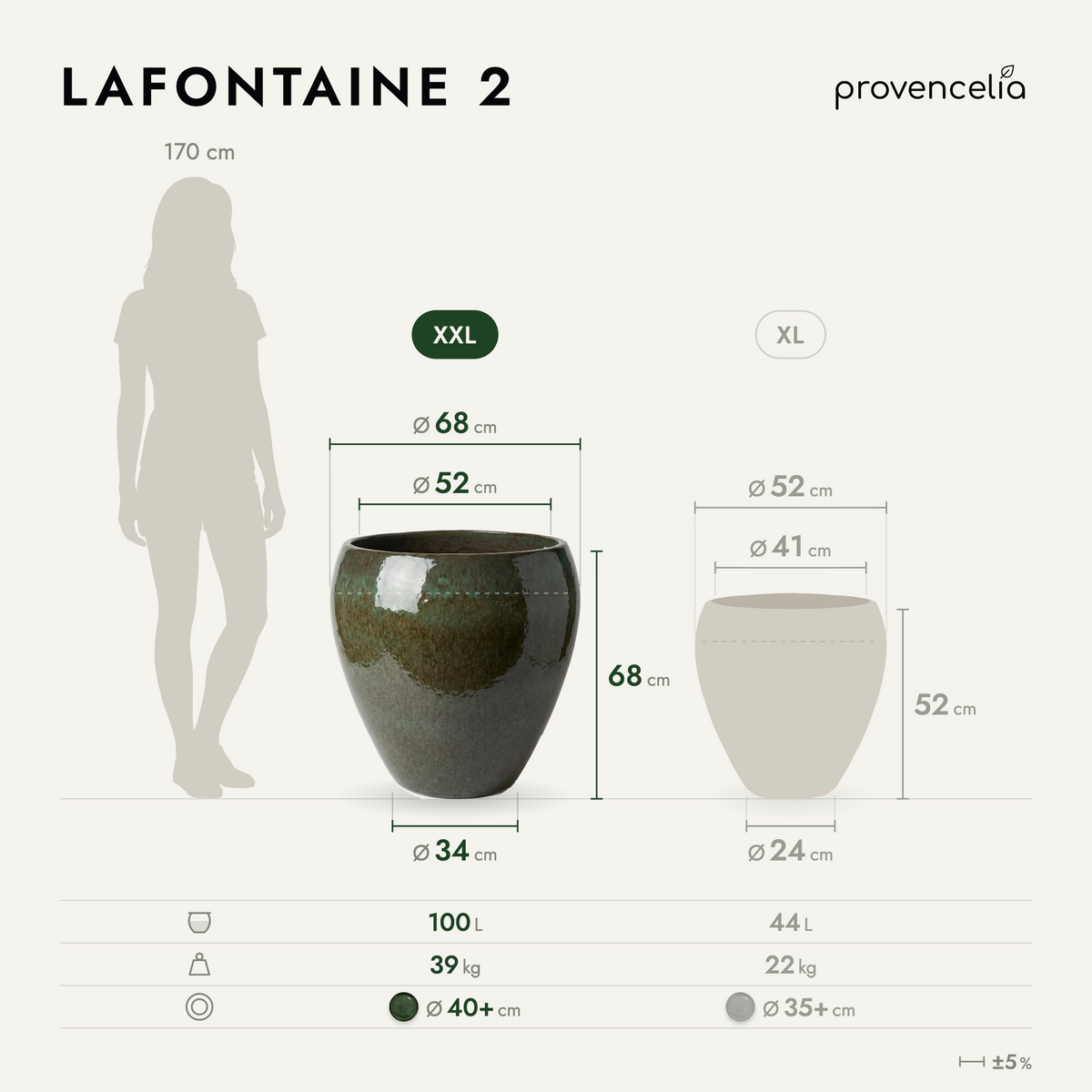 Amphora-shaped planter LAFONTAINE2 67 × 68 cm Misty Green in glazed ceramic, front view with dimensions