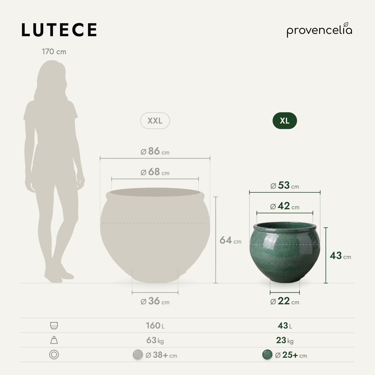 Ronde plantenbak LUTECE 53 × 43 cm jade van geglazuurd keramiek, maatschema van de twee maten