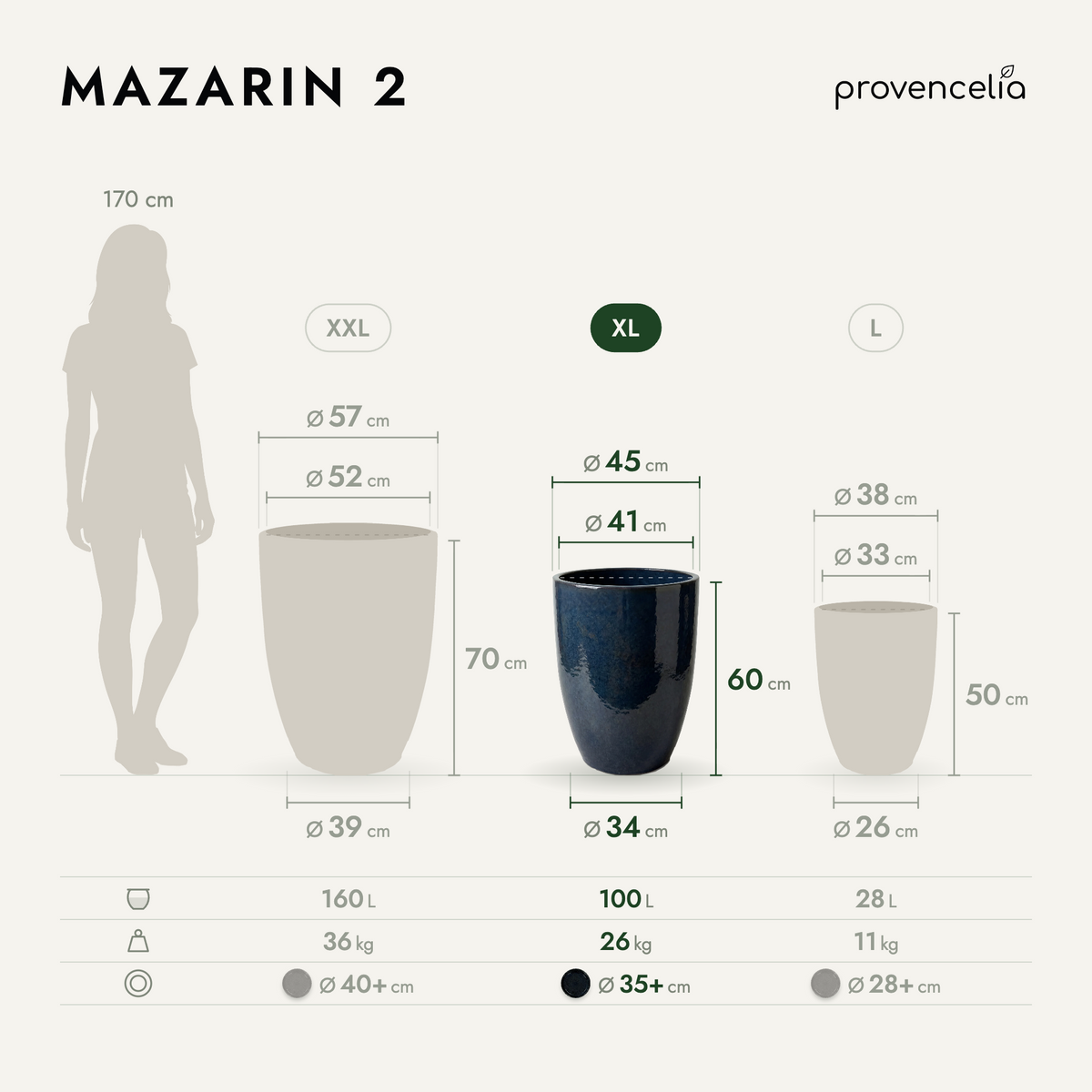 Pot MAZARIN2 45x60 cm saphir en terre cuite émaillée, vue comparative des tailles