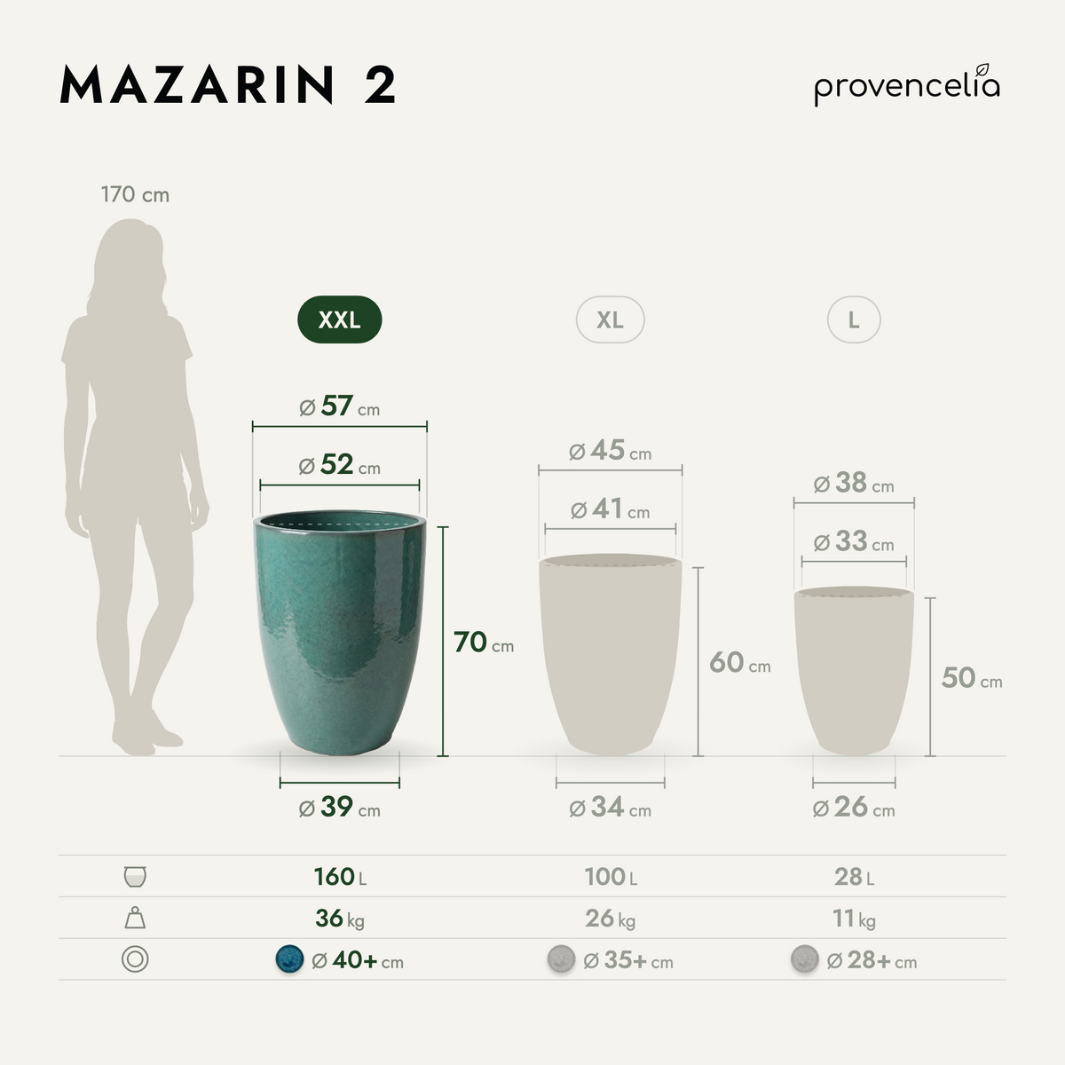 Macetero Mazarin2 Bruma de jade de cerámica esmaltada, esquema de dimensiones y volúmenes