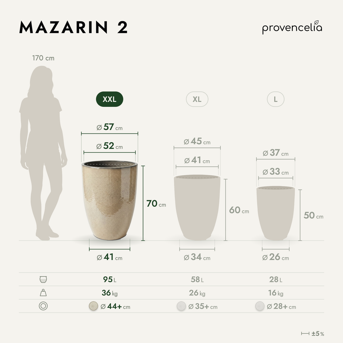 Vaso Mazarin2 Crema in ceramica smaltata, schema dei tre formati