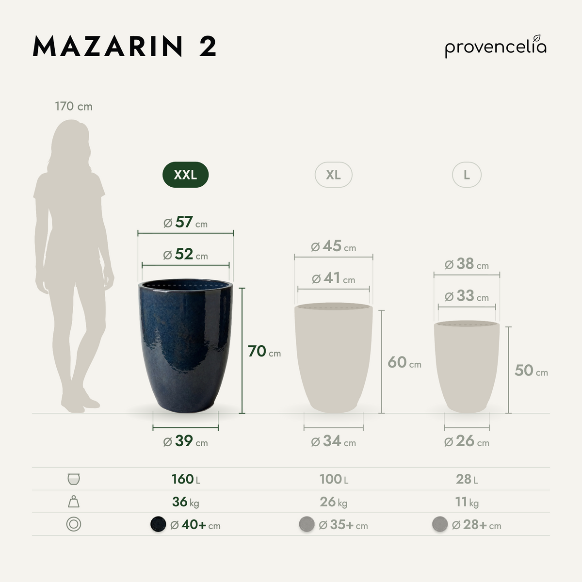 Vaso Mazarin2 Zaffiro in ceramica smaltata, schema delle dimensioni disponibili