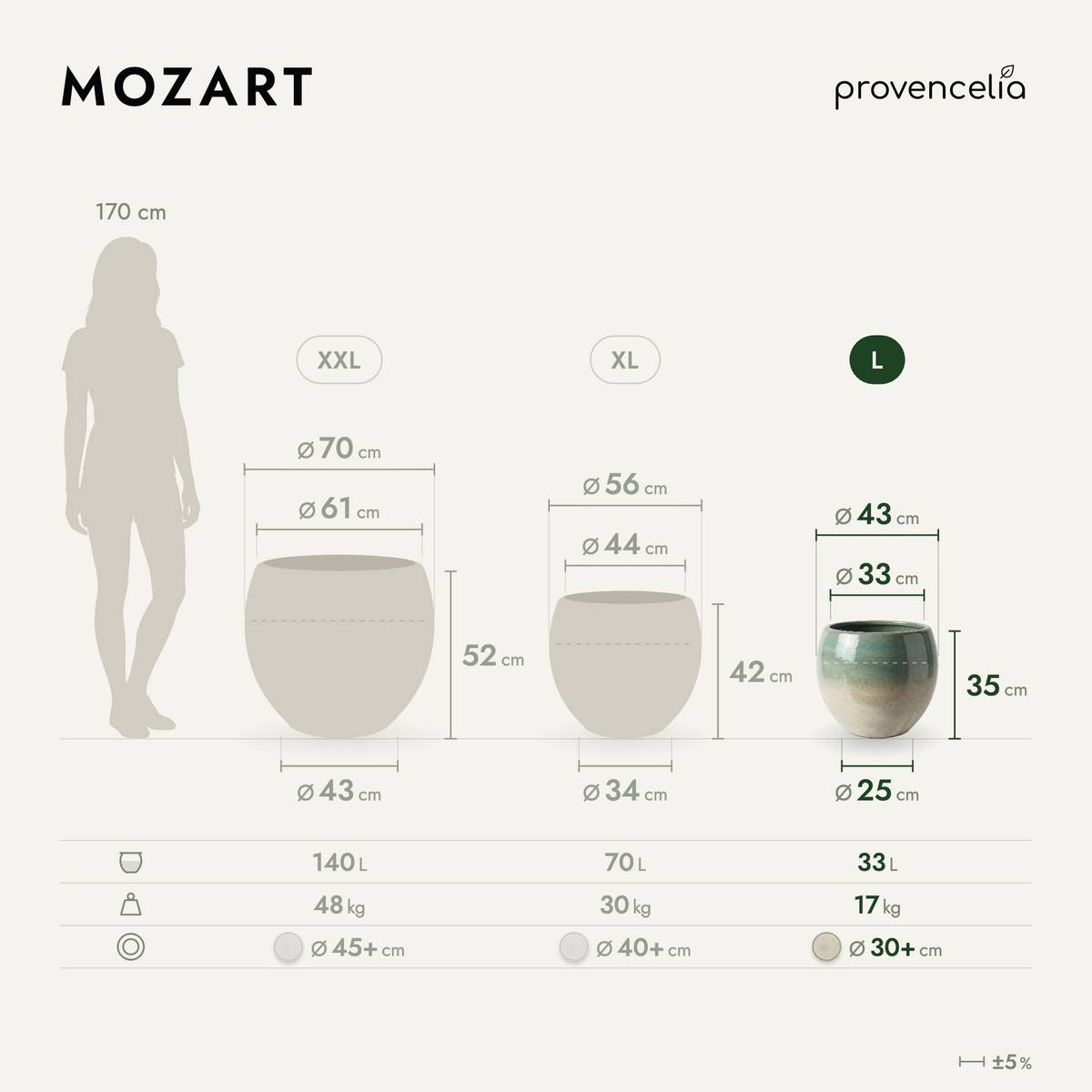 Vaso MOZART decorativo 43x35 cm Bruma d'estate in ceramica smaltata, schema delle dimensioni