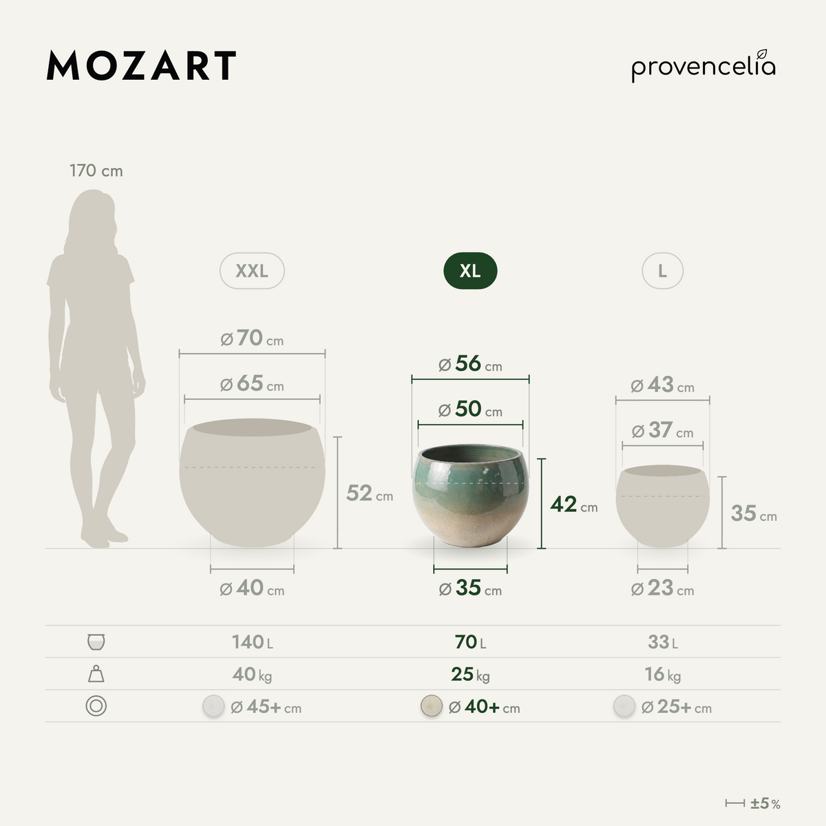 Pot MOZART décoratif 56x42 cm brume d’été en terre cuite émaillée, vue de face avec dimensions