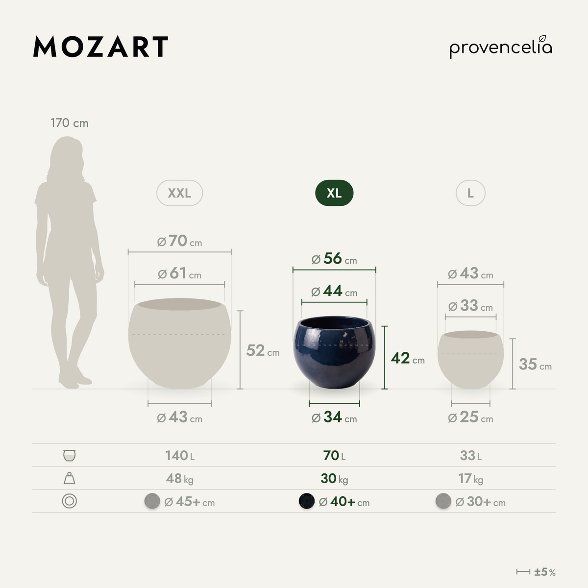 Vaso MOZART decorativo 56x42 cm Zaffiro in ceramica smaltata, vista frontale con dimensioni