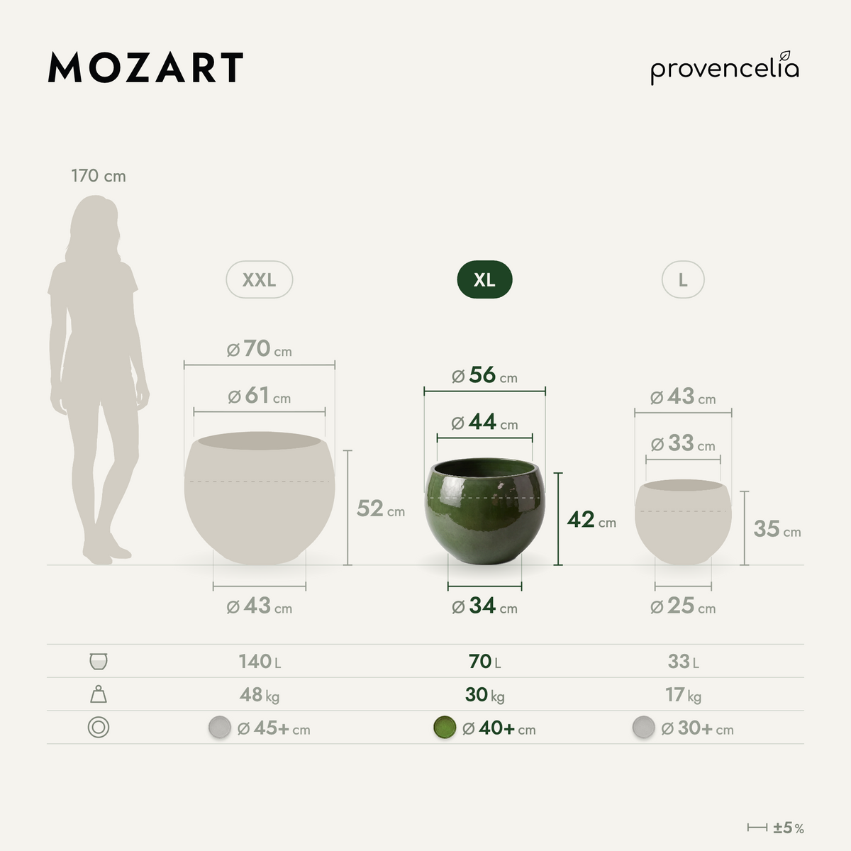 Vaso MOZART decorativo 56x42 cm Verde intenso in ceramica smaltata, schema delle dimensioni e capacità