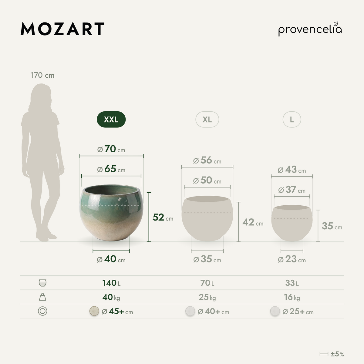 Pot MOZART décoratif 70x52 cm brume d’été en terre cuite émaillée, vue de face avec dimensions