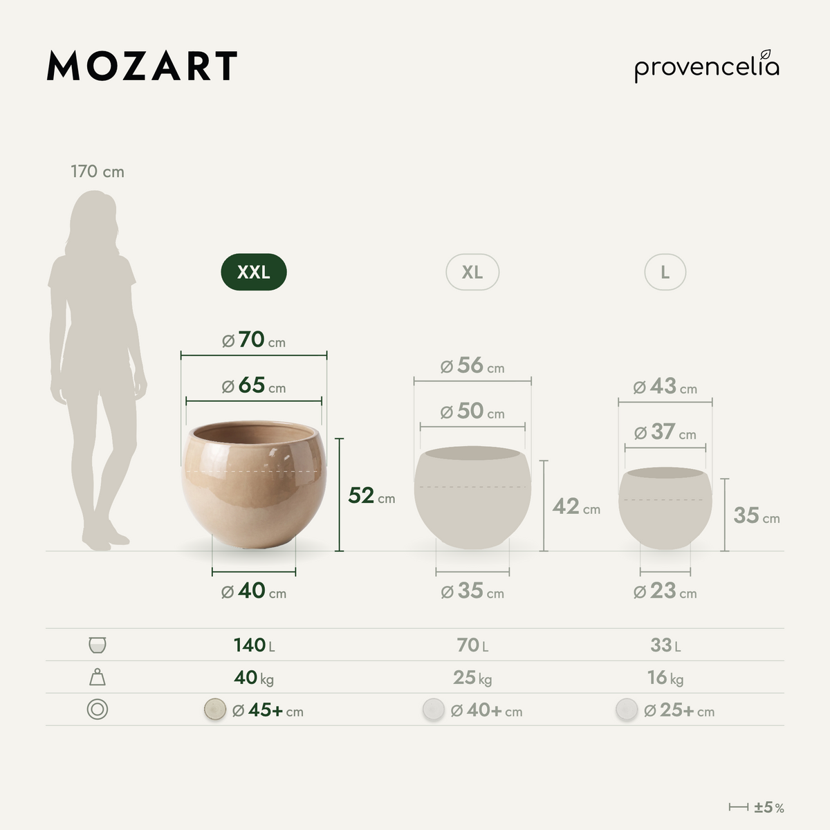 Pot MOZART décoratif 70x52 cm crème en terre cuite émaillée, comparatif des trois tailles